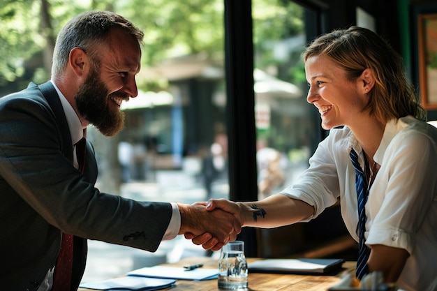 A cheerful entrepreneur shaking hands with a clien