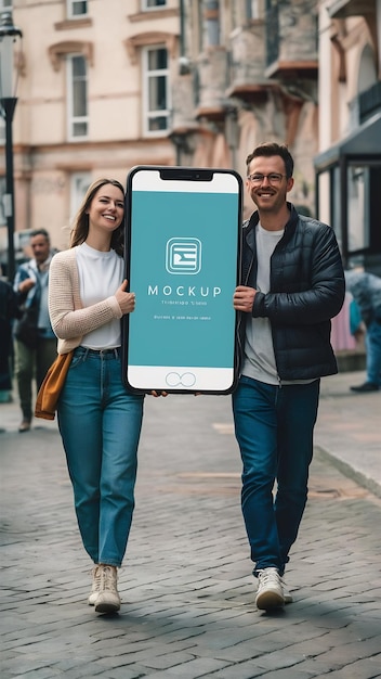 Cheerful European man and woman walking and holding giant smartphone with mockup promoting app or