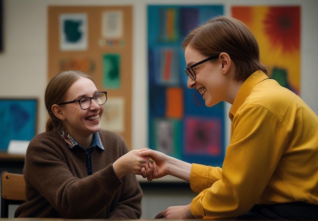 Photo cheerful exchange between art teacher and student with a disability