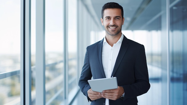 A cheerful experienced Latin businessman posing in an office with large windows holding a tablet