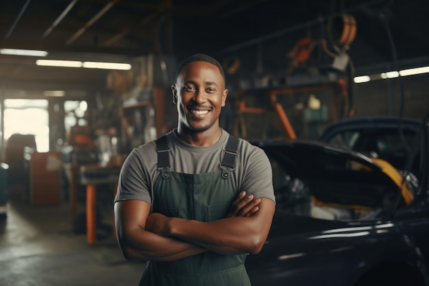 Cheerful Expertise Smiling Black Car Mechanic with Tools and Confident Stance in an Auto Repair Shop EnvironmentxA