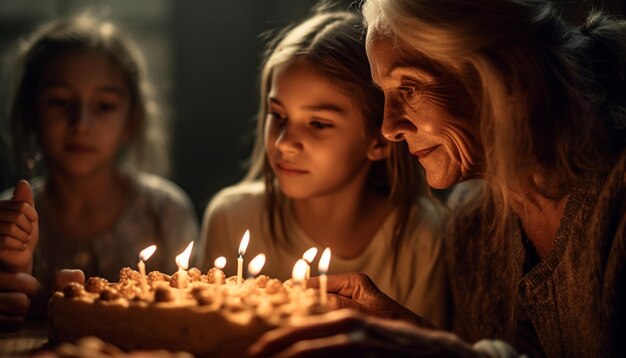 A cheerful family celebrates a birthday with cake and candles generated by AI