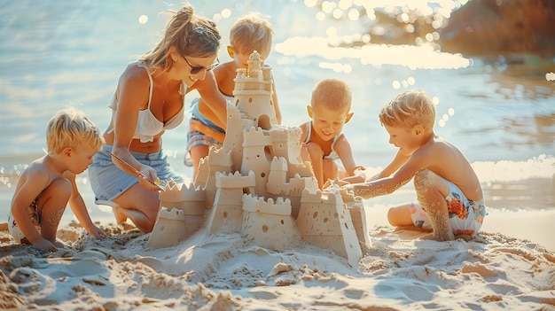 Cheerful Family Crafting Whimsical Sandcastle on Relaxing Seaside Holiday