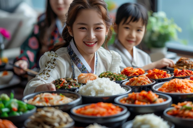 Cheerful Family Enjoying Traditional Korean Meal with Kimchi Rice and Various Side Dishes