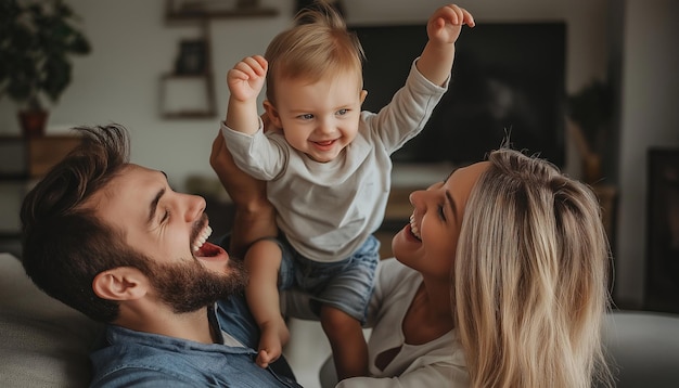 Photo cheerful family having fun and playing with little son while chilling together on sofa in living roo