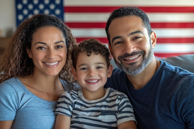 Photo cheerful family portrait in front of american flag