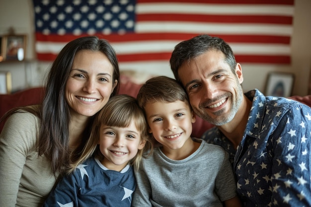 Photo cheerful family portrait in front of american flag