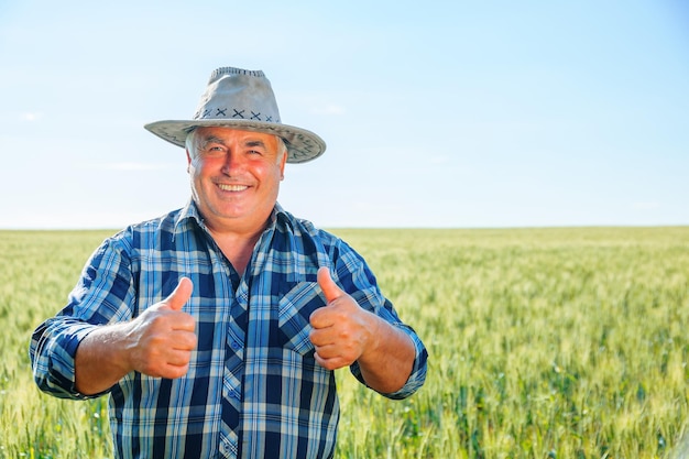 Cheerful farmer showing thumbs up in countryside