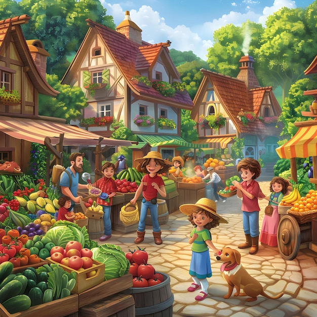 Photo cheerful farmers market in a quaint village square with happy characters and fresh produce