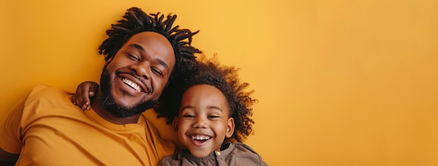 Cheerful father and son having fun lying on the floor and smiling showcasing a friendly parentchild