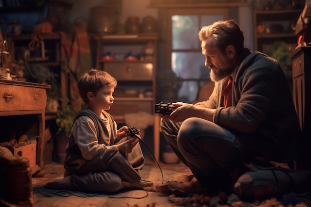 Cheerful father and son playing video game at home Generative AI