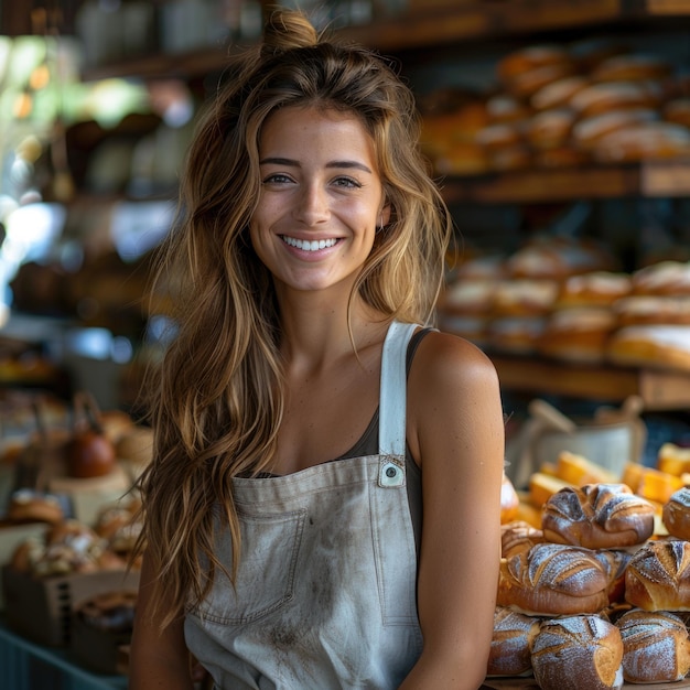 Cheerful female baker proudly displays fresh baked goods at local bakery wearing apron