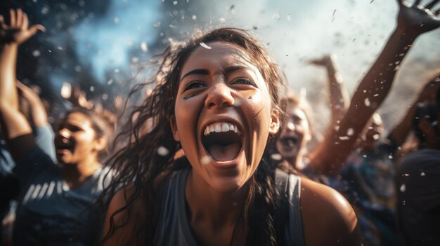 A cheerful female soccer team celebrates victory and carries on with teammates shouting with joy in the stadium