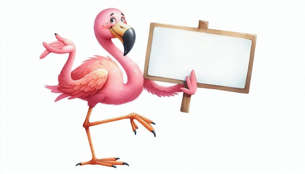 Photo a cheerful flamingo with a pink plumage holds a blank wooden sign with one leg raised it is a