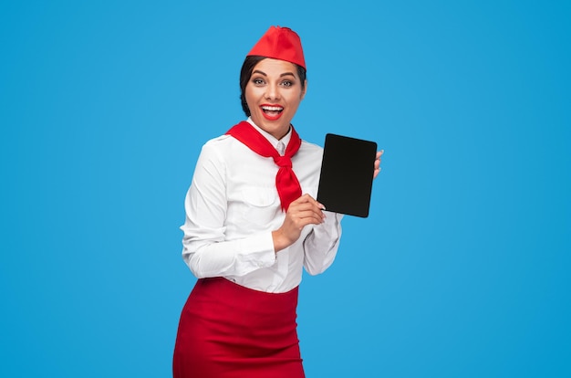 Cheerful flight attendant advertising airline app