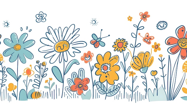 Cheerful Floral Doodle Garden with Playful Cartoon Flowers and Bugs