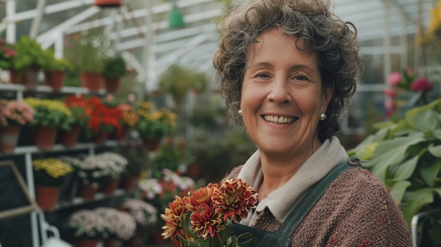 A cheerful florist holds a vibrant bouquet amidst an inviting greenhouse full of flowers