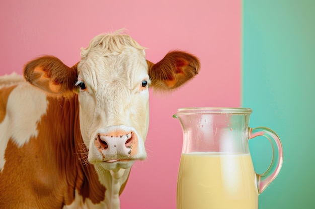 A cheerful and friendly cow next to a glass pitcher of milk against a solid colorful background