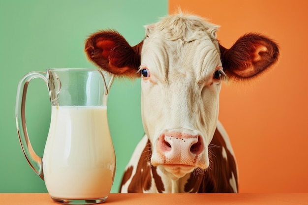 A cheerful and friendly cow next to a glass pitcher of milk against a solid colorful background