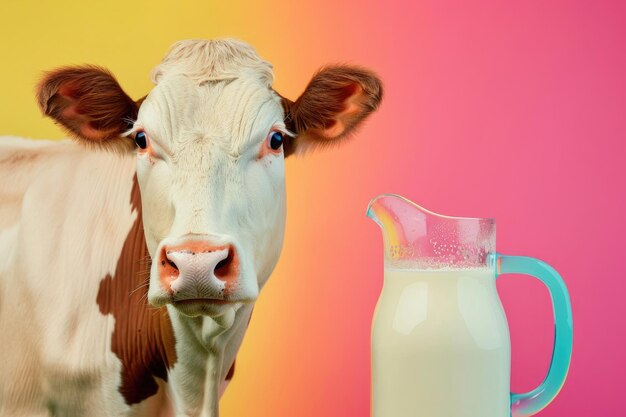 A cheerful and friendly cow next to a glass pitcher of milk against a solid colorful background