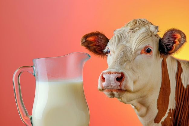 A cheerful and friendly cow next to a glass pitcher of milk against a solid colorful background