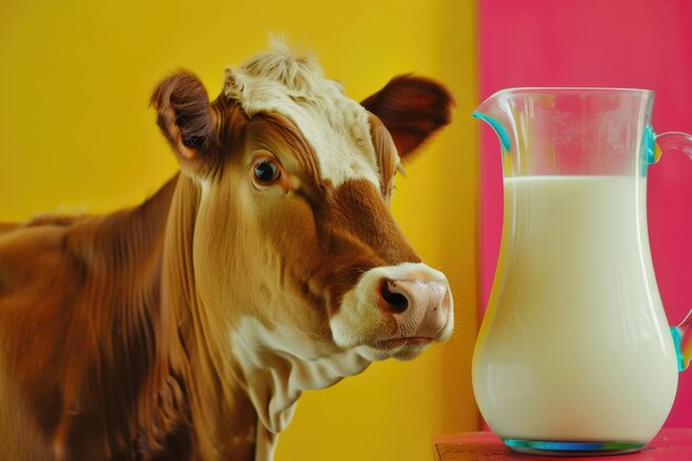 A cheerful and friendly cow next to a glass pitcher of milk against a solid colorful background