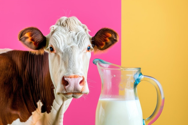 A cheerful and friendly cow next to a glass pitcher of milk against a solid colorful background