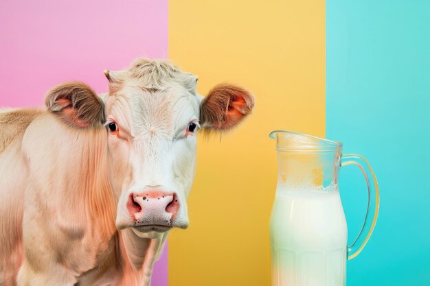 A cheerful and friendly cow next to a glass pitcher of milk against a solid colorful background