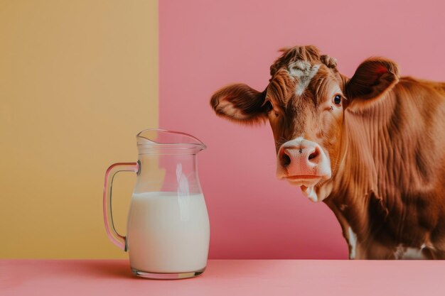 A cheerful and friendly cow next to a glass pitcher of milk against a solid colorful background