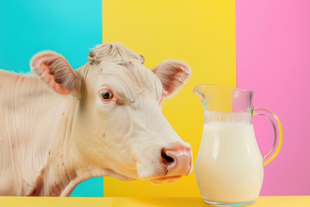 A cheerful and friendly cow next to a glass pitcher of milk against a solid colorful background