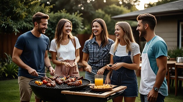 Photo cheerful friends at a barbecue gathering