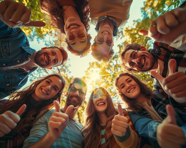 Photo cheerful friends in a circle giving thumbsup bathed in golden sunlight