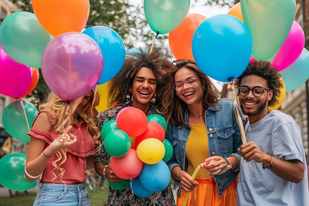 Cheerful friends and family partying on grass field