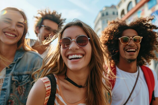 Cheerful Friends Strolling and Beaming Amidst Urban Landscapes Generative Ai