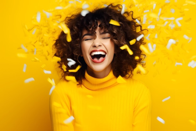 cheerful and funny happy woman in vivid shine yellow background