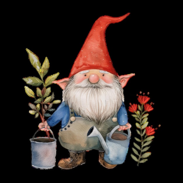 Photo cheerful garden gnome holding plants and watering can