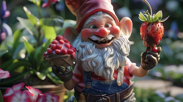 Cheerful garden gnome holding a strawberry and raspberry tart surrounded by vibrant garden plants