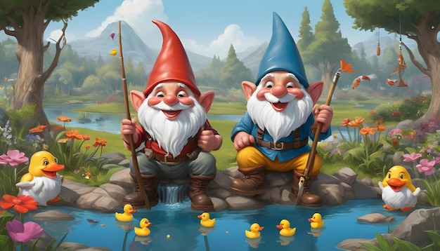 a cheerful garden gnome with a fishing rod and a gnome hat