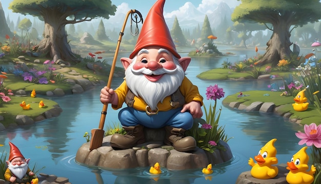 a cheerful garden gnome with a fishing rod and a gnome hat