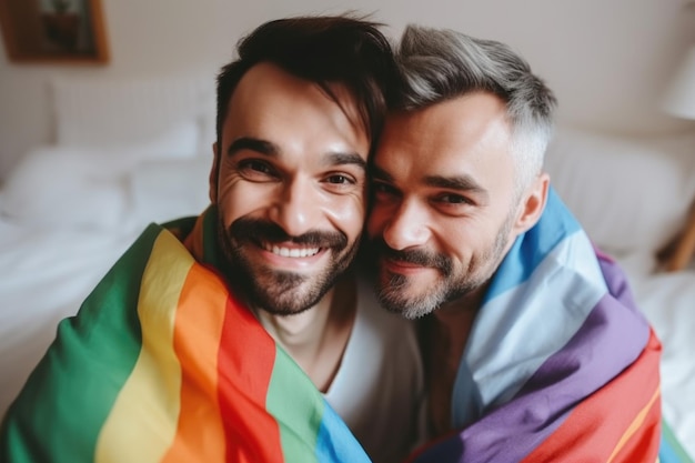 Cheerful gay couple with rainbow portrait and love while bonding at home created with generative ai