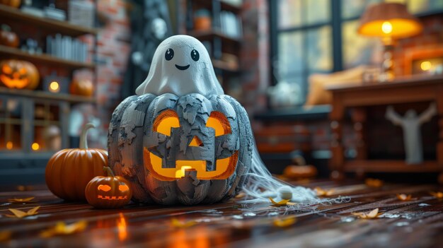 A Cheerful Ghost Peeking From a Creatively Carved Pumpkin in a Cozy Halloweenthemed Room Generative AI