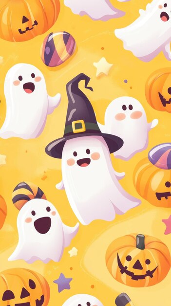 Cheerful ghosts interact playfully with a witch and silly pumpkins among scattered candy and stars