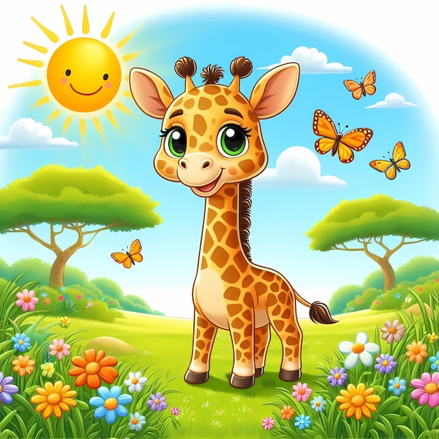 Cheerful Giraffe in a Sunny Meadow with Butterflies