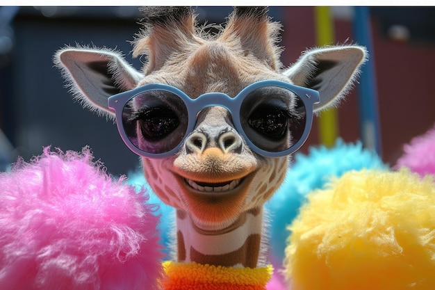 A cheerful giraffe wearing sunglasses and vibrant fluffy accessories during a fun outdoor event