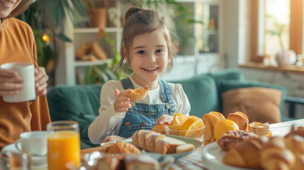 Photo the cheerful girl at breakfast