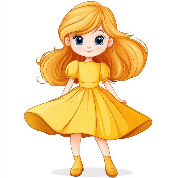 A cheerful girl in a bright yellow dress fulllength cartoon style