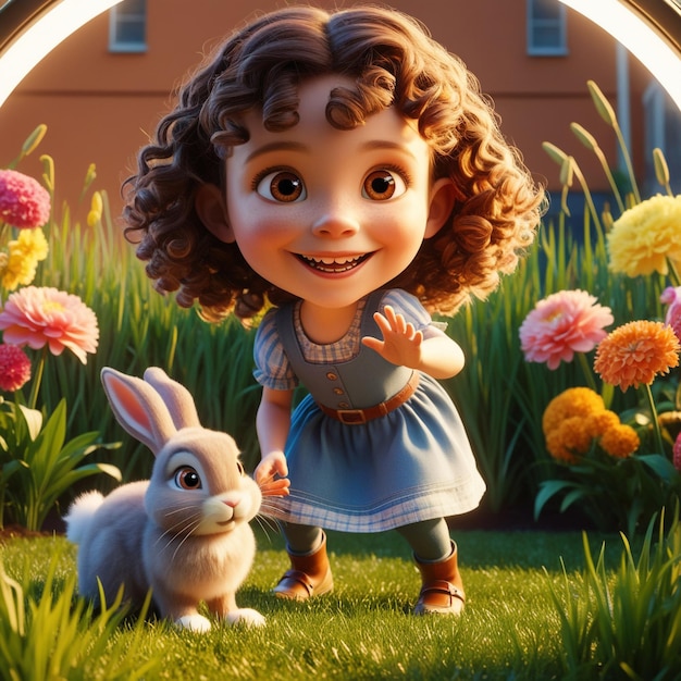 Cheerful Girl and Fluffy Bunny 3D Render in Sunny Backyard