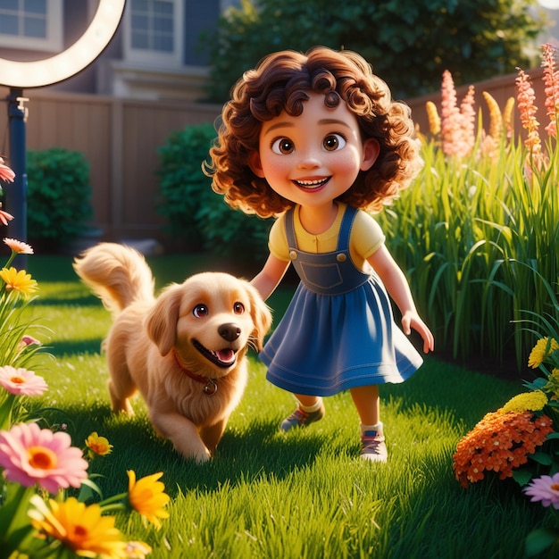 Cheerful Girl and Fluffy Dog 3D Render in Sunny Backyard