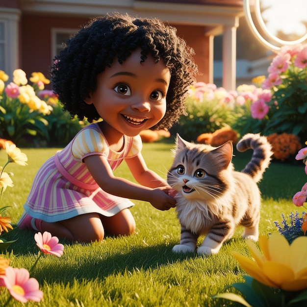 Cheerful Girl and Fluffy Kitty 3D Render in Sunny Backyard