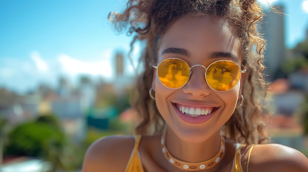 Cheerful girl from brazil with brazilian flag colors city background